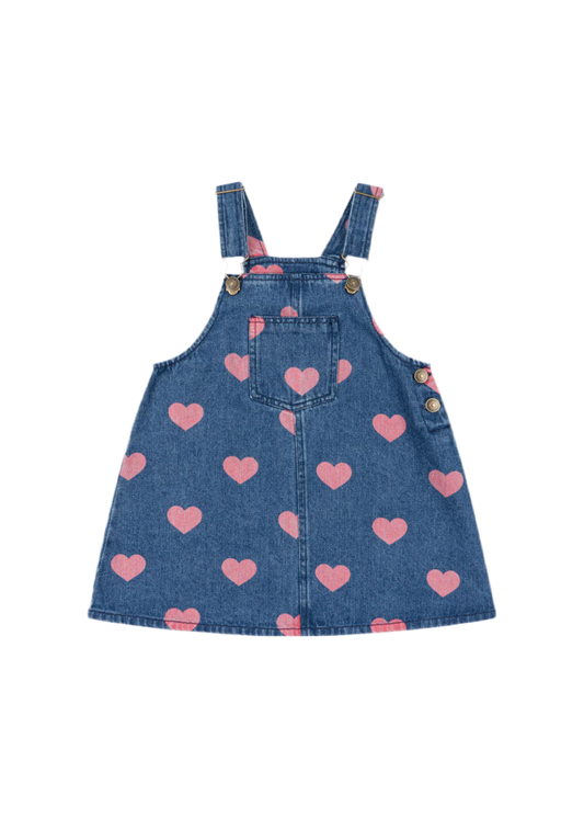 Vestito salopette Magot in jeans con cuori rosa - Konges Sløjd