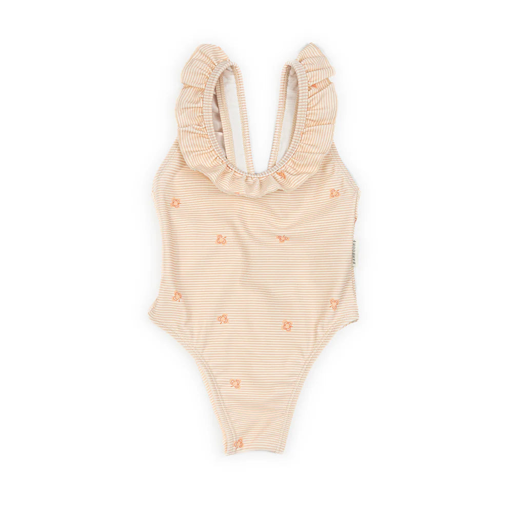 Costume da mare bimba spalle volant STRIPE AND LEAVES - Bamboom