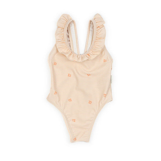 Costume da mare bimba spalle volant STRIPE AND LEAVES - Bamboom